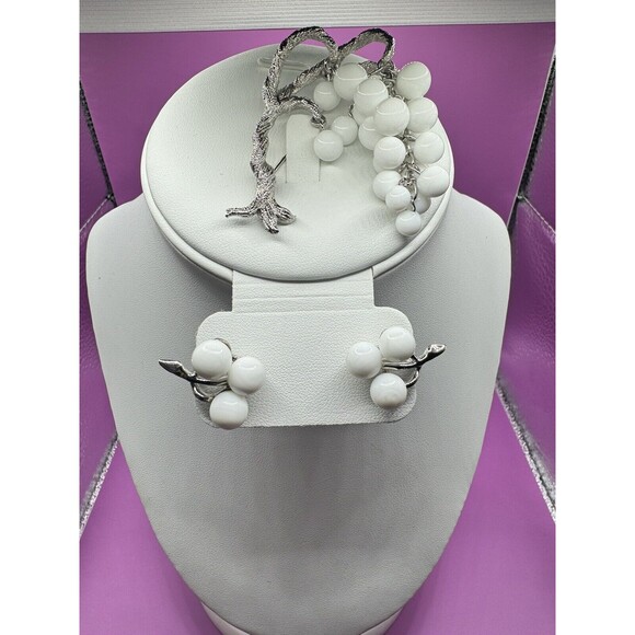 Tree Pin Brooch w/ Clip On Earrings Set Silver Heavy Beads Estate Find Unmarked - Picture 9 of 9